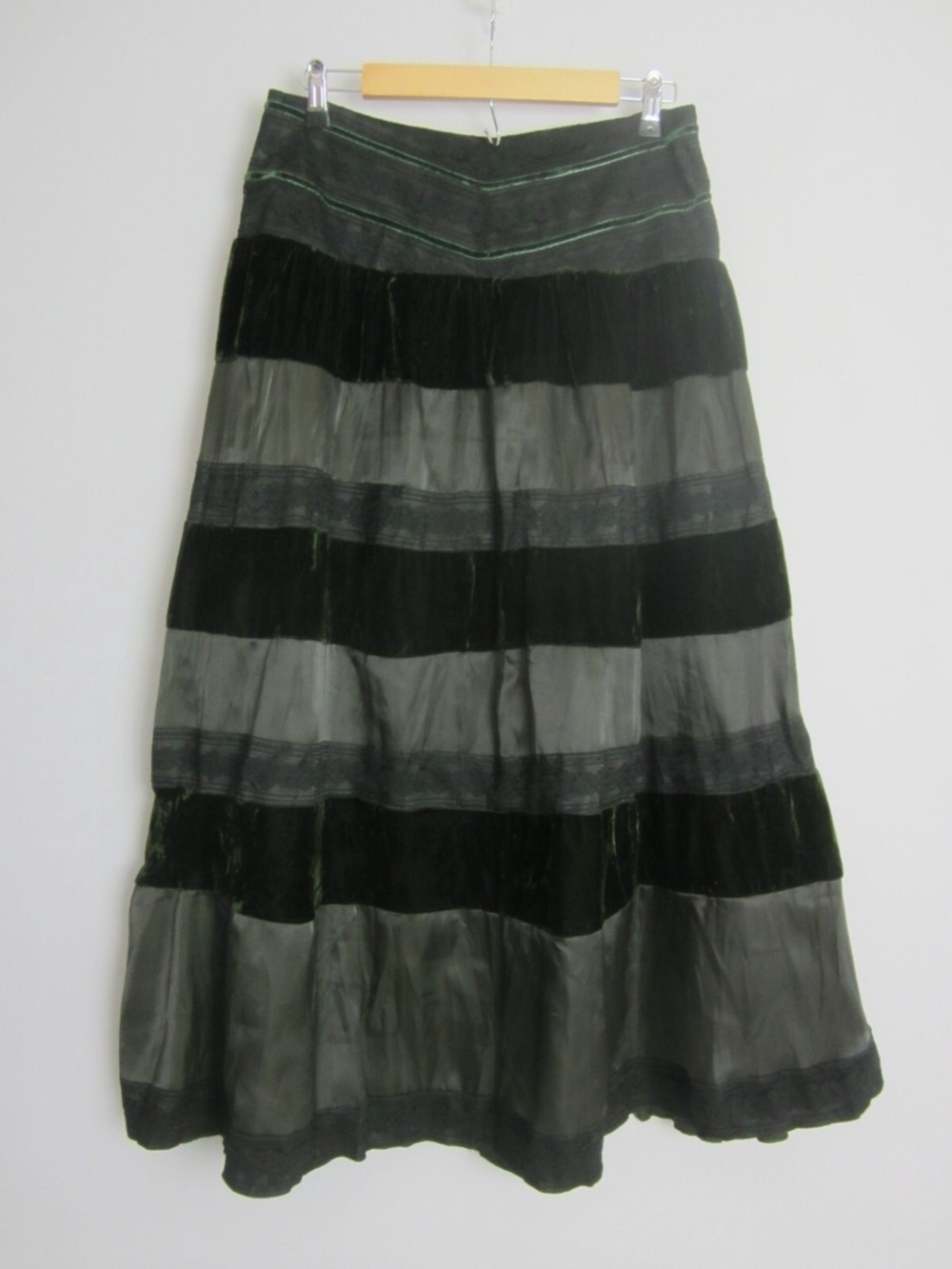 Women's Velvet & Satin Tiered Skirt - Olive Green and Charcoal